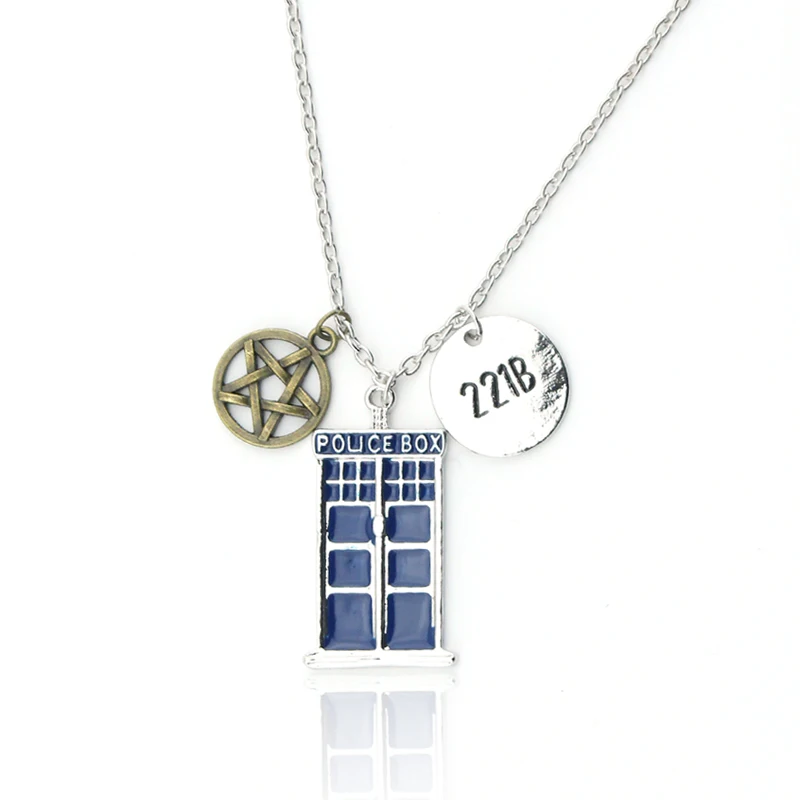 

New Movie Jewelry Doctor Who TARDIS Enamel Blue Police Box Supernatural Pentagram 221B Pendant Necklace Jewelry for Women Men