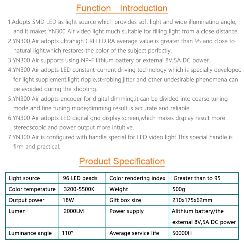 Светодиодная лампа для видеосъемки YONGNUO YN300 воздуха YN-300 air Pro светодиодный Камера видео светильник для студийной фото-светильник+ AC Мощность адаптер зарядное устройство для цифровой зеркальной камеры Canon Nikon