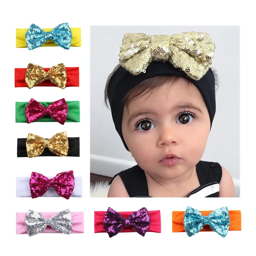 

New 1 Pcs Girls Headband Newborn Beautiful Baby Hairband Sequins Bow Knot Headband Children 5 Color Hair Accessories UJKJ