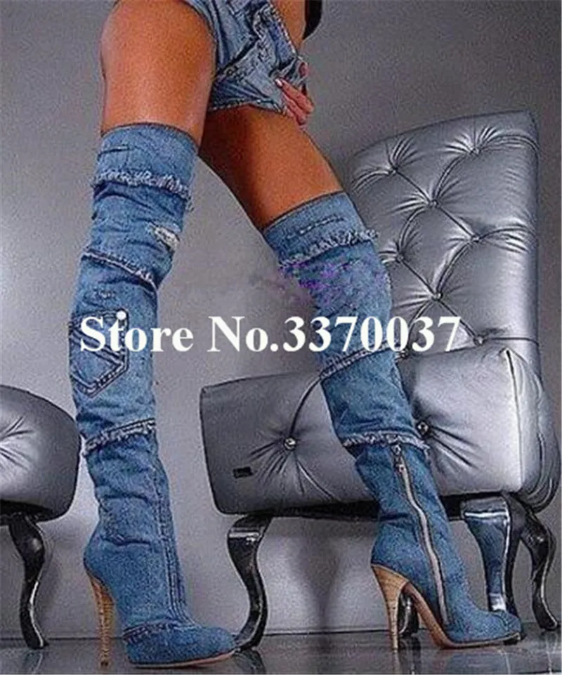 Женские пикантные новые модные сапоги выше колена из синей джинсовой ткани на высоком каблуке; облегающие сапоги до бедра на тонком каблуке; модельные туфли для ночного клуба