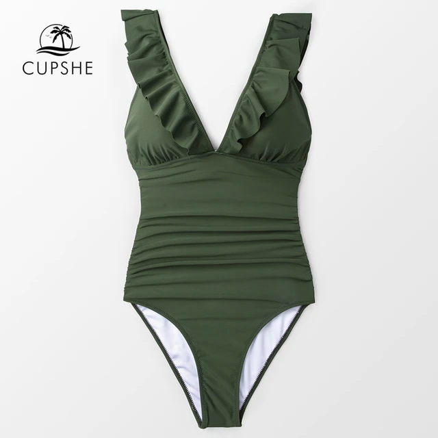 {Excellent|Wonderfull|Very Good|Very Recommended} CUPSHE Solid Army Green Ruffled One-piece Swimsuit Women Sexy Lace up Monokini Swimwear 2019 Girl Beach Bathing Suits Best Price