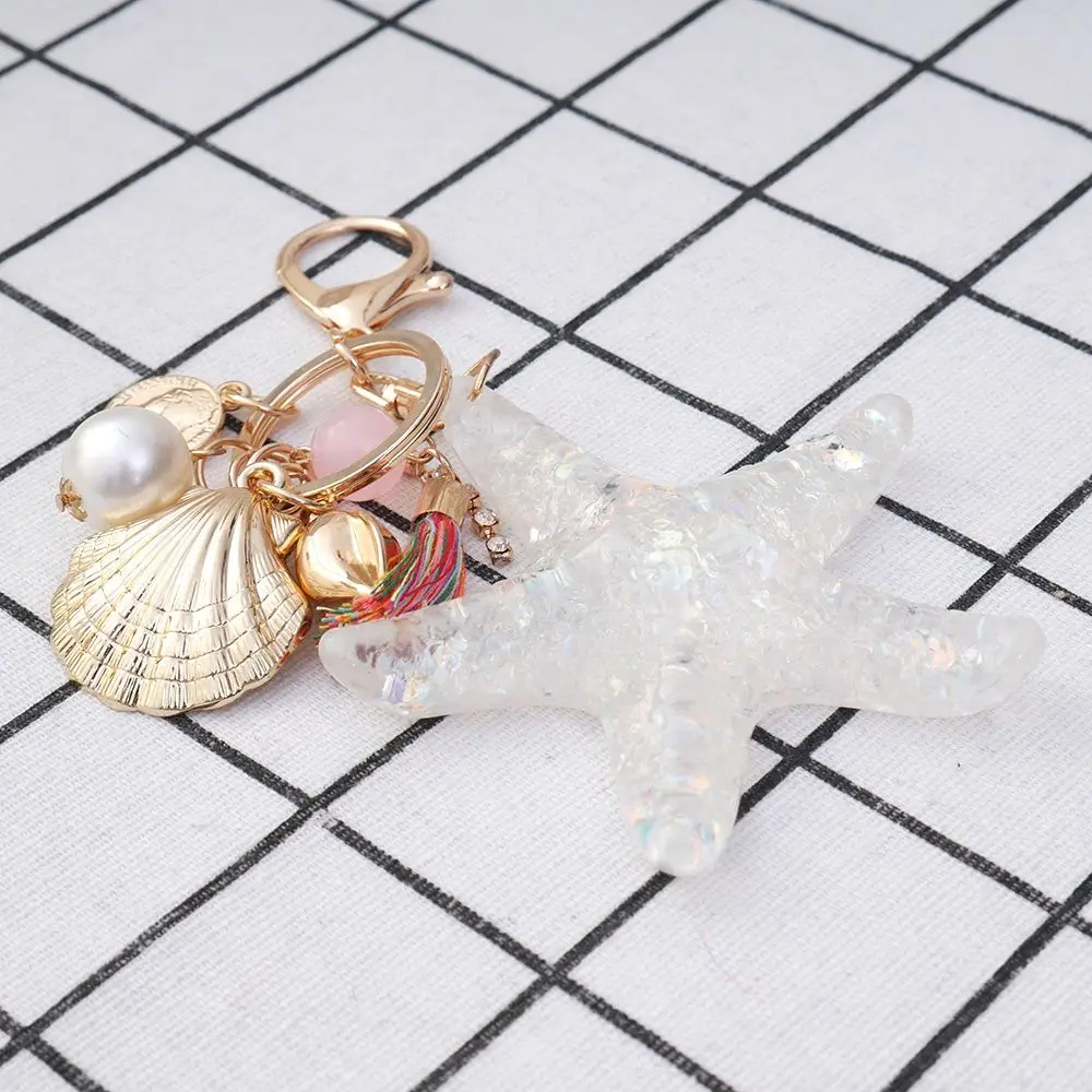 New Cartoon Sea World Starfish Pearl Shell Keychain Bag Chain KeyRing Crystal Pendant Women Bag Ornament Bag Accessories