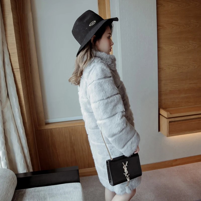 Long 90 cm Plus Size M - 6XL Wave Cut Trim High Quality Whole Skin Natural Rabbit Fur Coats Outerwear Women Real Fur Jackets
