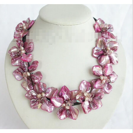 

Free shipping >>>>>>handcraft bloom pink pearls seashell crystal choker leather necklace j7746