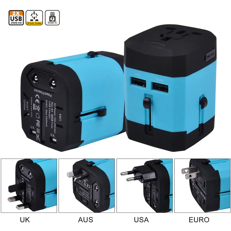 

2 USB Port All in One Universal International Plug Adapter World Travel AC Power Charger Adaptor with AU US UK EU Plug 6A Fuse