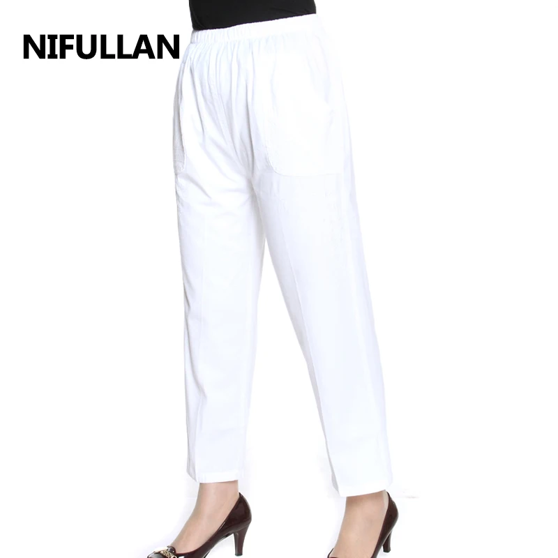 

NIFULLAN Spring Summer Women Elastic Waist High Waist Cotton Pants Plus Size Mother Embroidery Cropped Trousers Casual Capris