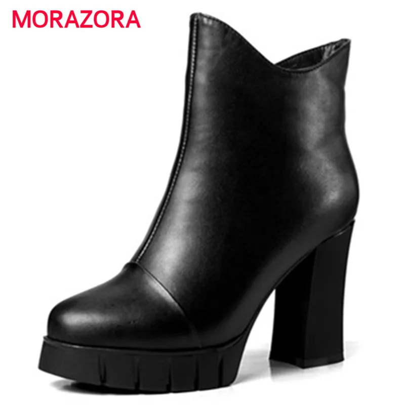 

MORAZORA 2018 New fashion round toe genuine leather boots comfortable square heels boots super high heel zipper ankle boots