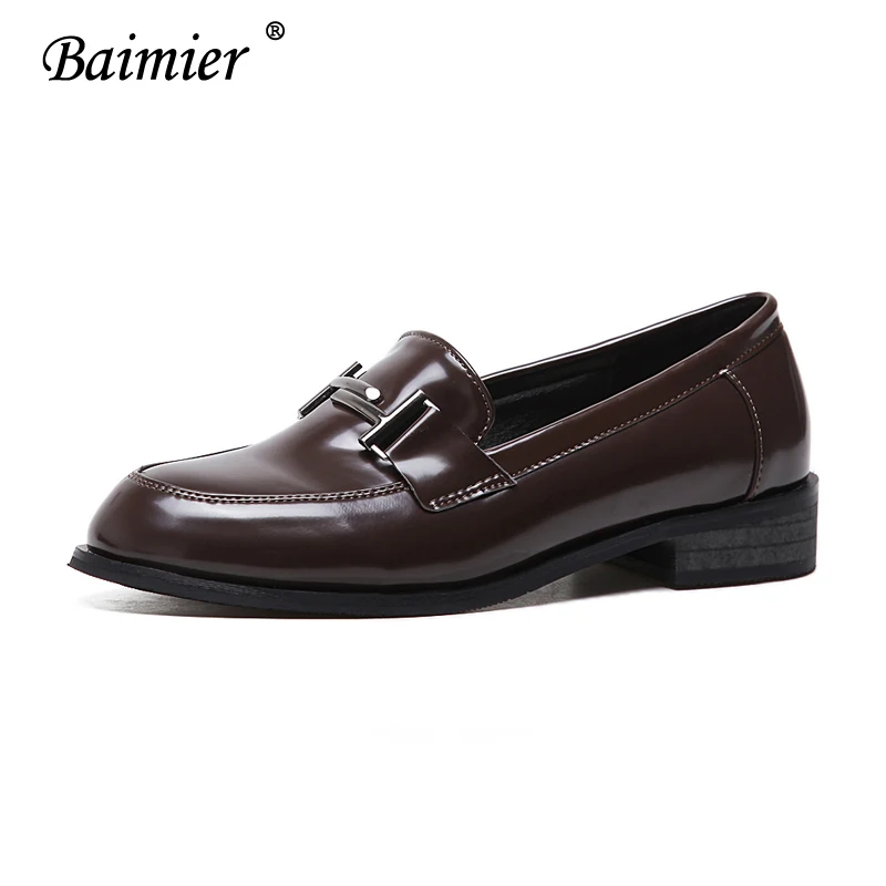 Baimier/осенние черные женские туфли-оксфорды с Т-образным металлическим украшением; женские лоферы с круглым закрытым носком; модная женская обувь на плоской подошве без застежки - Цвет: Dark Brown Oxfords