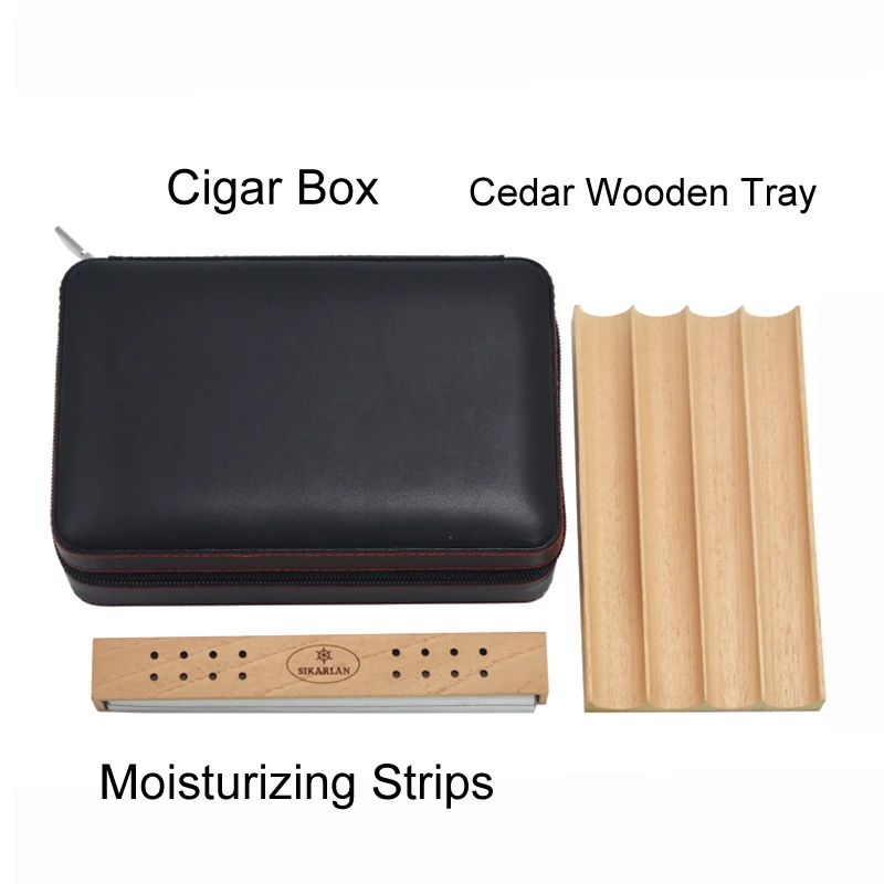 Genuine Leather Solid Cedar Wood Tray Cigar Case Travel Carry 4 Tubes Mini Humidor Box Cigars Accessories with Cigars Humidifier