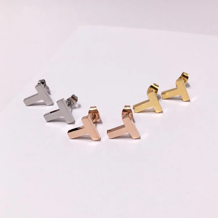 

Letter T Stud Earrings For Women Brand Quality Titanium Steel Simple Letter T Office Lady Stud Earrings