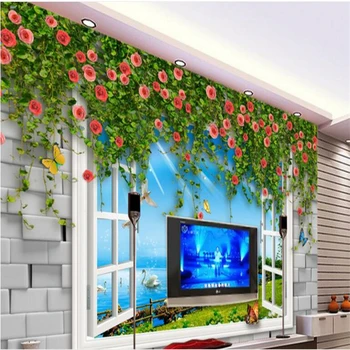 

beibehang Large Custom Wallpapers Stereo Brick Wall White Rattan Rose 3D Swan Lake View Background Wall foto tapeten