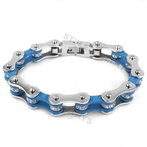 

Wholesale Bling Motorcycle Crystal Bracelet Stainless Steel Jewelry Blue Bicycle Chain Motor Biker Women Men Bracelet SJB0150