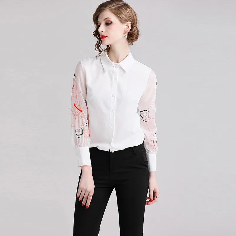 2019 Spring New Fashion Women Blouse Office Ladies Casual Chiffon White Floral Embroidery Turn-down Collar Long Sleeves Blouse 2019 Spring New Fashion Women Blouse Office Ladies Casual Chiffon White Floral Embroidery Turn-down Collar Long Sleeves Blouse