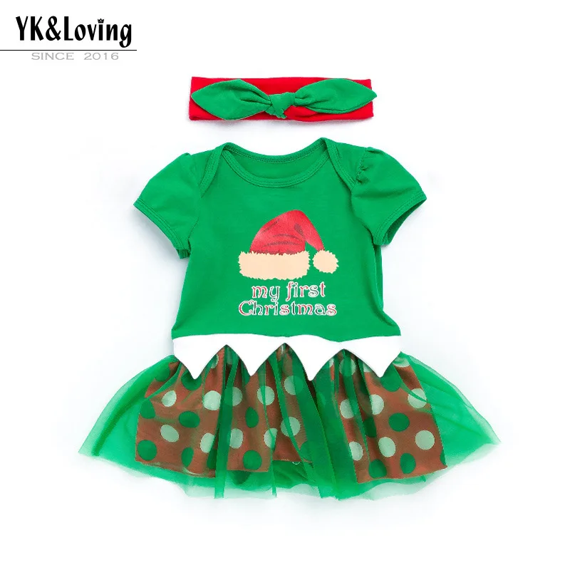 Рождественские зеленые для маленьких девочек Одежда для новорожденных мода 0-24 м наряды короткий рукав прекрасный комбинезон + Головные