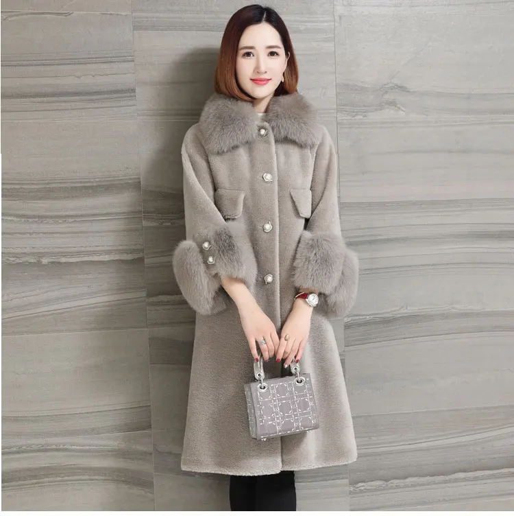 women natural sheep fur coat with real fox fur collar (8)