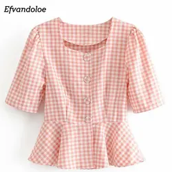Efvandoloe Корейская розовая клетчатая блузка для женщин Элегантный квадратный вырез Туника праздничные летние женские Топы 2019 рубашки