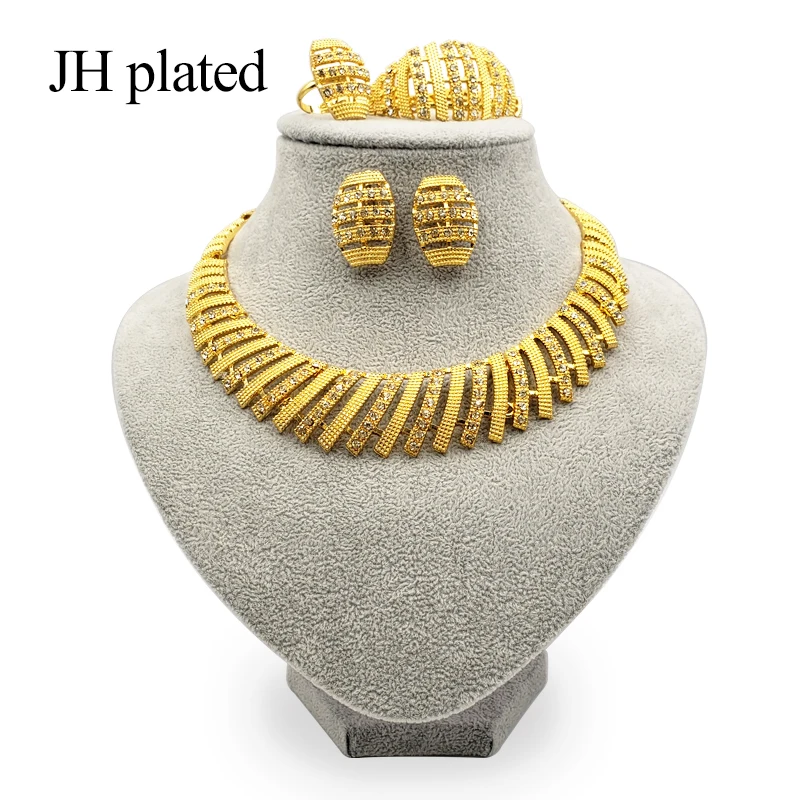 

JHplated African Fashion gold color jewelry sets women Party wedding Necklace Bracelet Earrings ring sets Dubai Luxury Gifts
