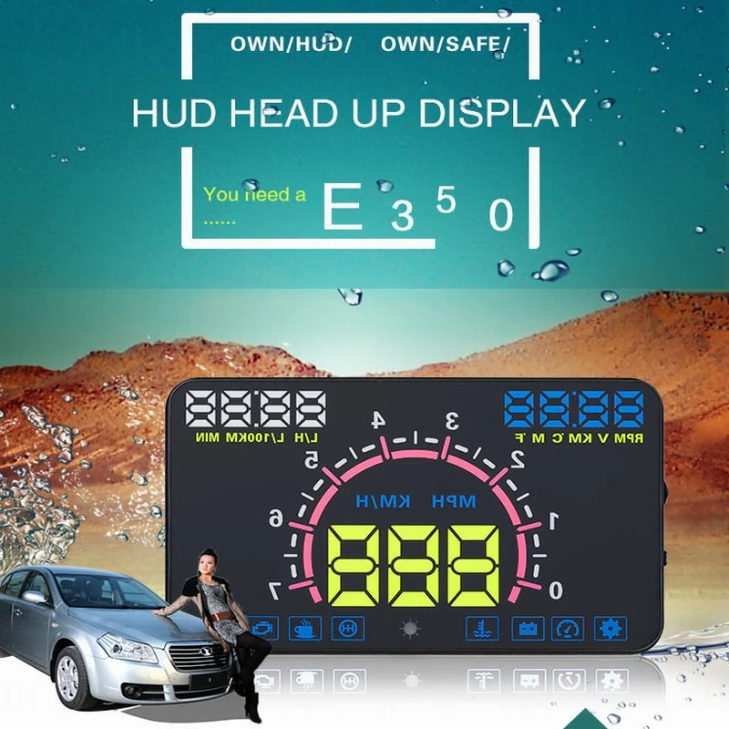 

big E350 5.8" Auto Car Head-Up Display HUD Projector OBD II Vehicle Speeding Warning MPH with Anti-slip Pad Fuel Car styling