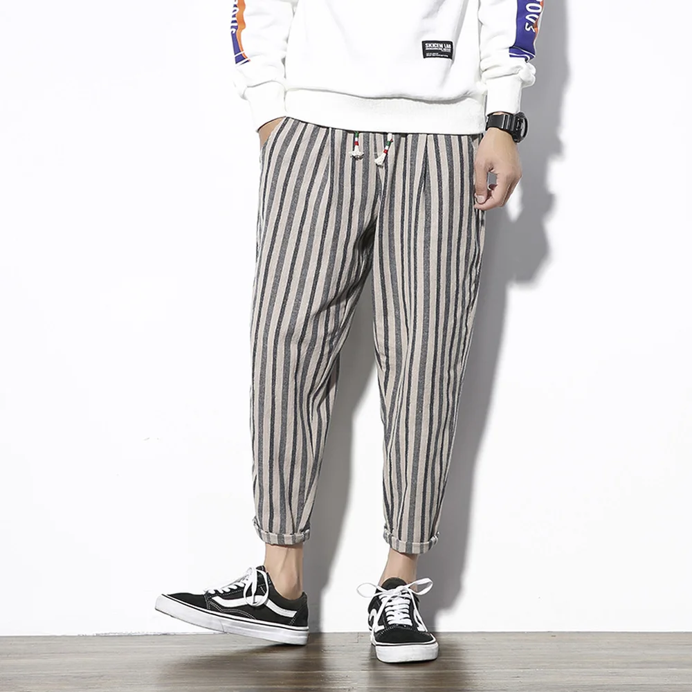 Men Pants Striped Trousers Ankle Length Pants Loose Mid Waist For Man Chinese style Clothes Cuff folded Large Size M-5XL