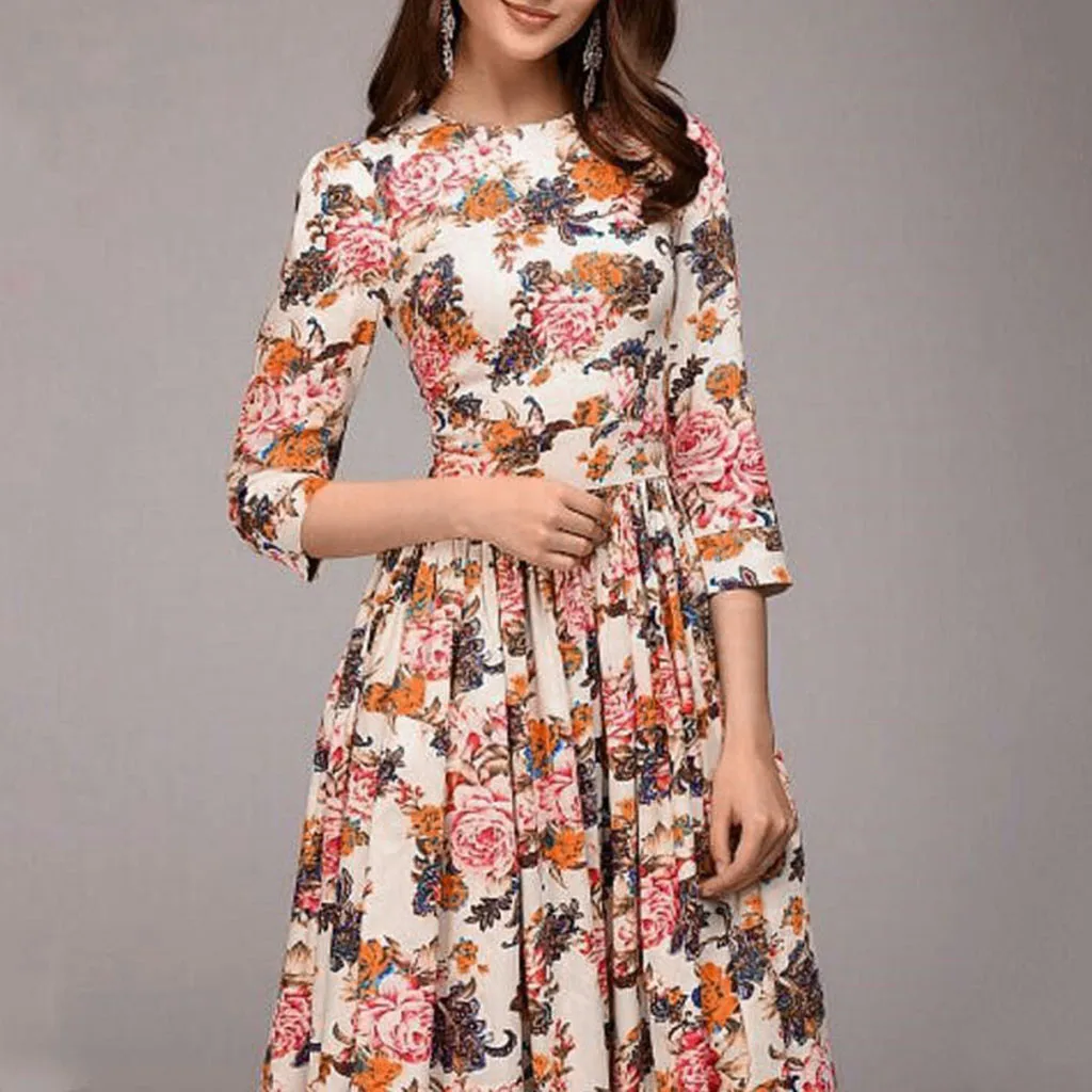 Vintage Dresses Women Floral Print Thin Retro Folk Dress Feminine