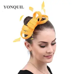 Желтые Коктейльные шляпка-Вуалетка Для женщин цветок сетка перья фетровых шапка или клип Чай вечерние Headwewar для девочек женские
