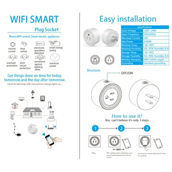 Умная розетка, мини умная вилка WiFi, совместима с Alexa, поддержка 2,4 ГГц Wifi сетей, напряжение 100-240 В, электрическая мощность