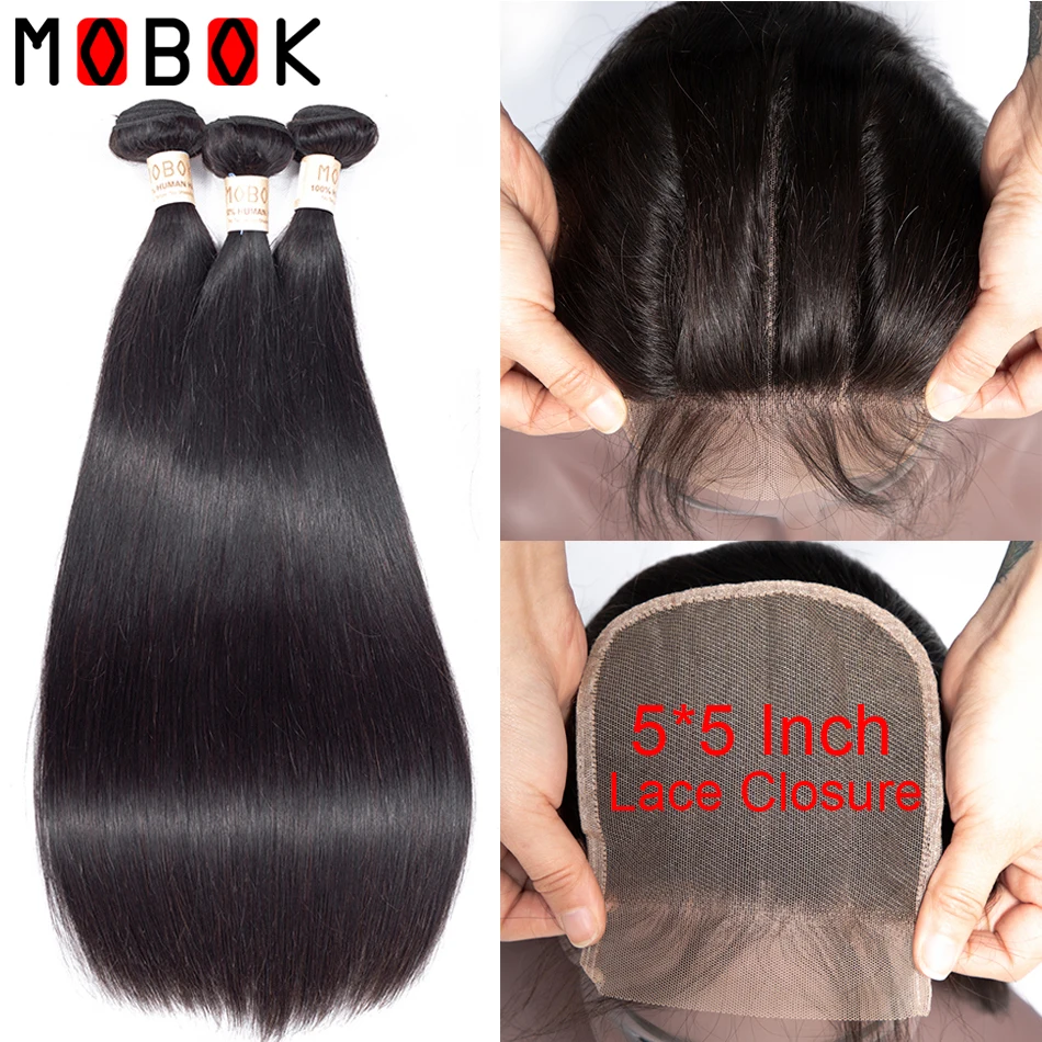 Mobok straight hair Bob bundles with 5x5 Lace Closure Brazilian Human Hair 3 Bundles Remy Human Hair Bundles With Closure