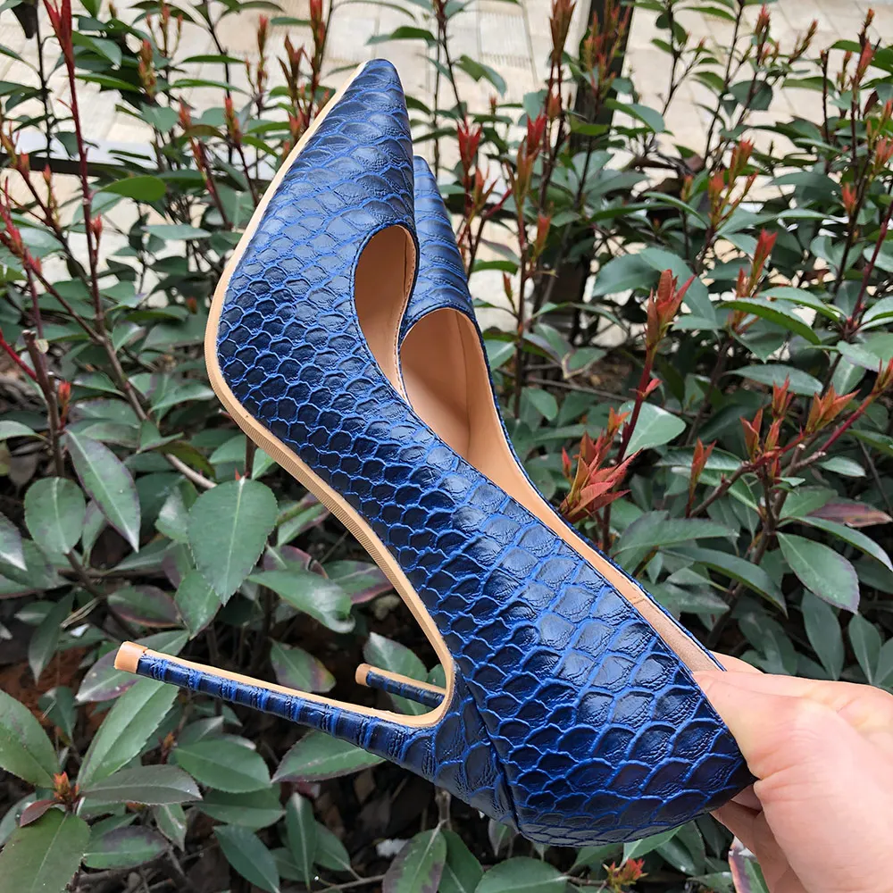 Veowalk Sexy Women Snake Skin Embossed High Heel Shoes Italian Style Navy Blue Fashion Ladies Extremely High Stilettos Pumps