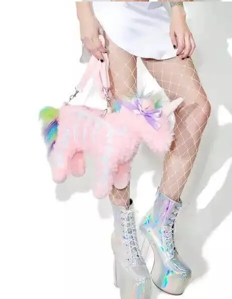 

NES fluffy unicorn bag Spot punk style dark plush unicorn Messenger bag shoulder bag plush backpack