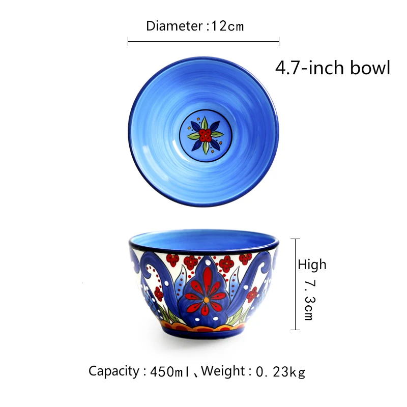 Европейский синий узор набор керамической посуды Ручная роспись большая Квадратная тарелка западное блюдо для стейков круглые тарелки Салат чаша кружка - Цвет: 4.7 inch bowl