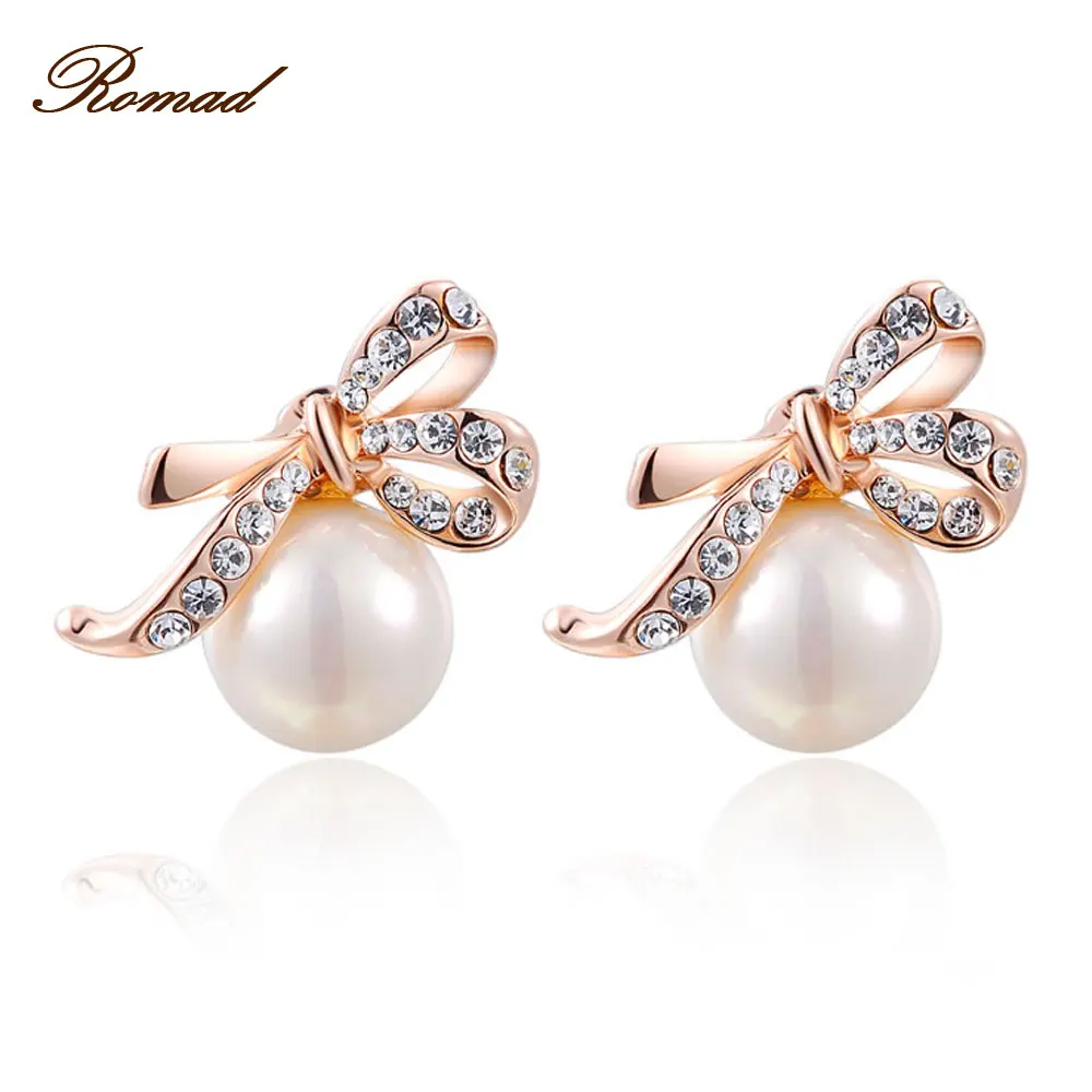 2017 Romad Bow Pearl Drop Earrings Rose Gold color Rhinestone Pearl