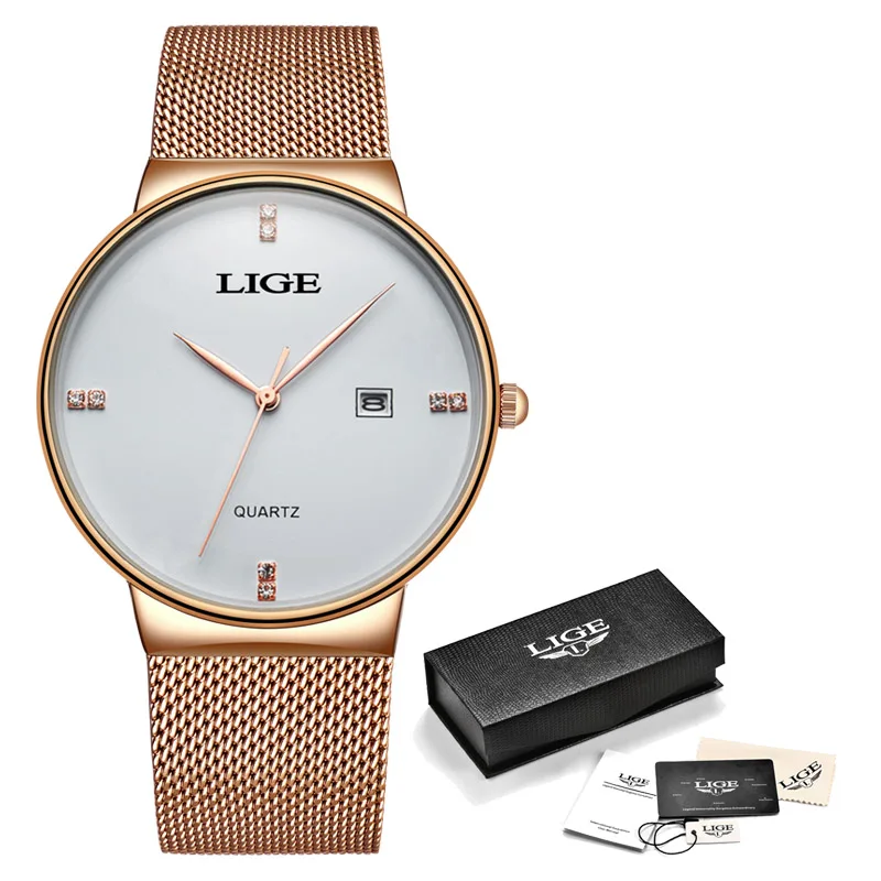 LIGE новые женские часы Топ люксовый бренд леди мода повседневное простой стальной сетчатый ремешок наручные часы подарок для девочек Relogio Feminino - Цвет: rose gold white