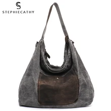 SC винтажные холщовые кожаные сумки-Хобо для женщин с большим карманом, повседневные сумки-тоут на плечо, дамские дизайнерские сумки, женские сумки через плечо