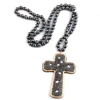

MOODPC Fashion Bohemian Jewelry Faceted Hematite Stone Knotted Crystal Paved Pearl decoration Cross Pendant Necklaces