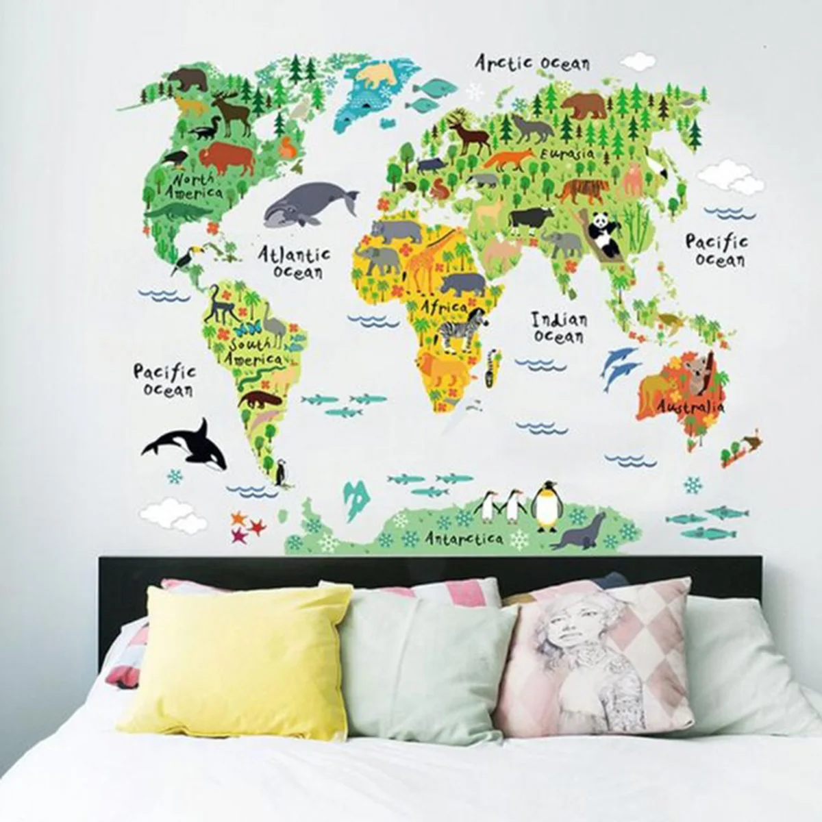 Большие Детские развивающие животные карта мира Съемная наклейка художественная Фреска домашний Декор наклейки на стену