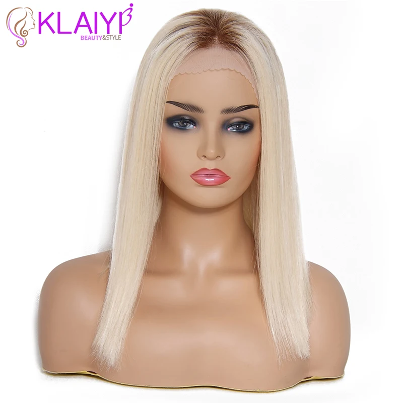 

Klaiyi Hair T4/613 Straight Lace Front Human Hair Wigs 8"-14" Brazilian Remy Hair Ombre Blonde Color Pre Plucked Hairline