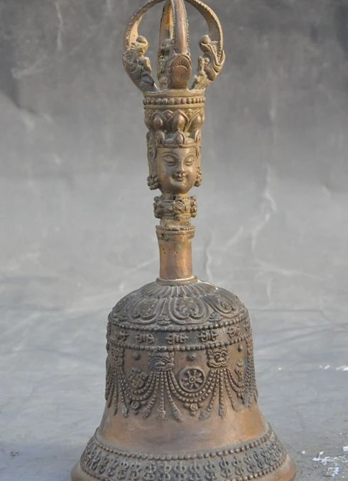 

old tibet buddhism fane Pure bronze Phurpa buddha head statue Pray Bell Rattles