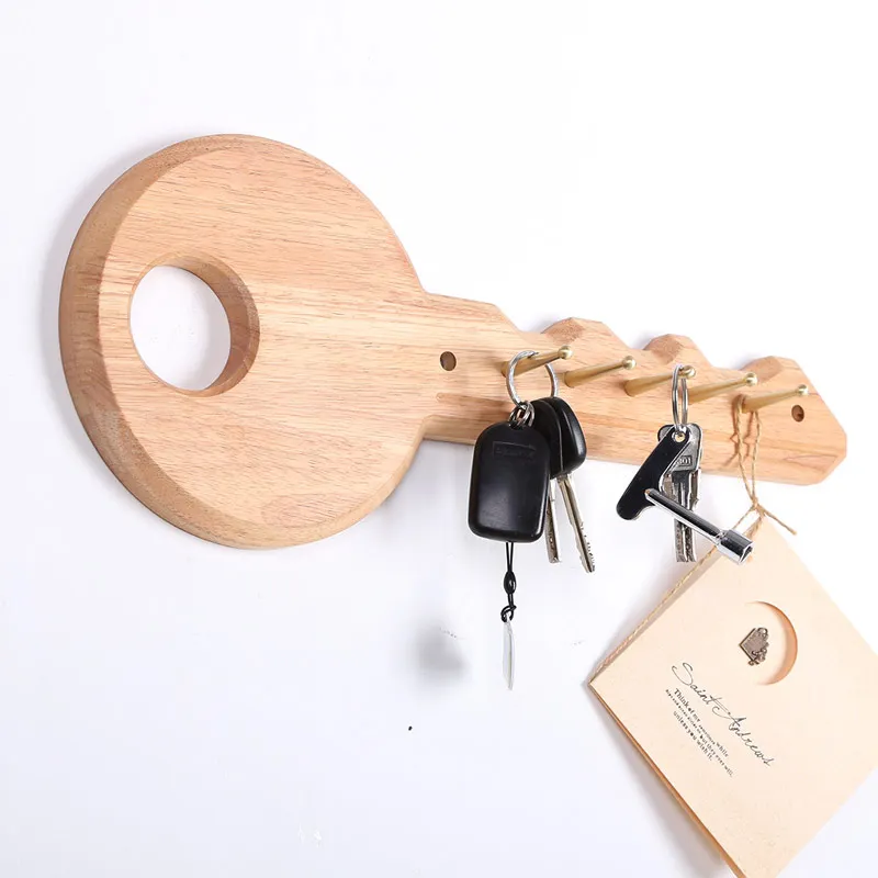 

1/pcs Creative porch key shape hook Wall-mounted solid wood key rack In the door storage shoe cabinet top decorative coat hook