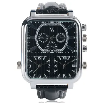 

Relogio Masculino V6 Men's Sports Watch Multiple Time Zone Military Business Rectangle Analog Quartz Watches Male Leather Clock