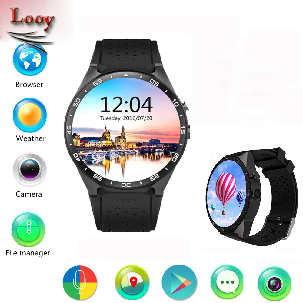 

KW88 3G WIFI GPS smart watch Android 5.1 OS MTK6580 CPU 1.39 inch Screen 2.0MP camera smartwatch for apple moto huawei