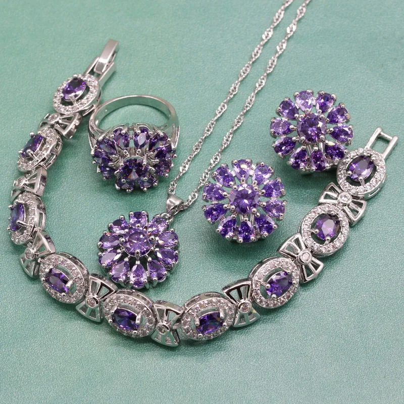 

Dazzling Trendy Flower Purple Semi-precious Stone Silver 925 Fashion Jewelry Sets For Women Pendant Ring Clip Earrings Bracelet