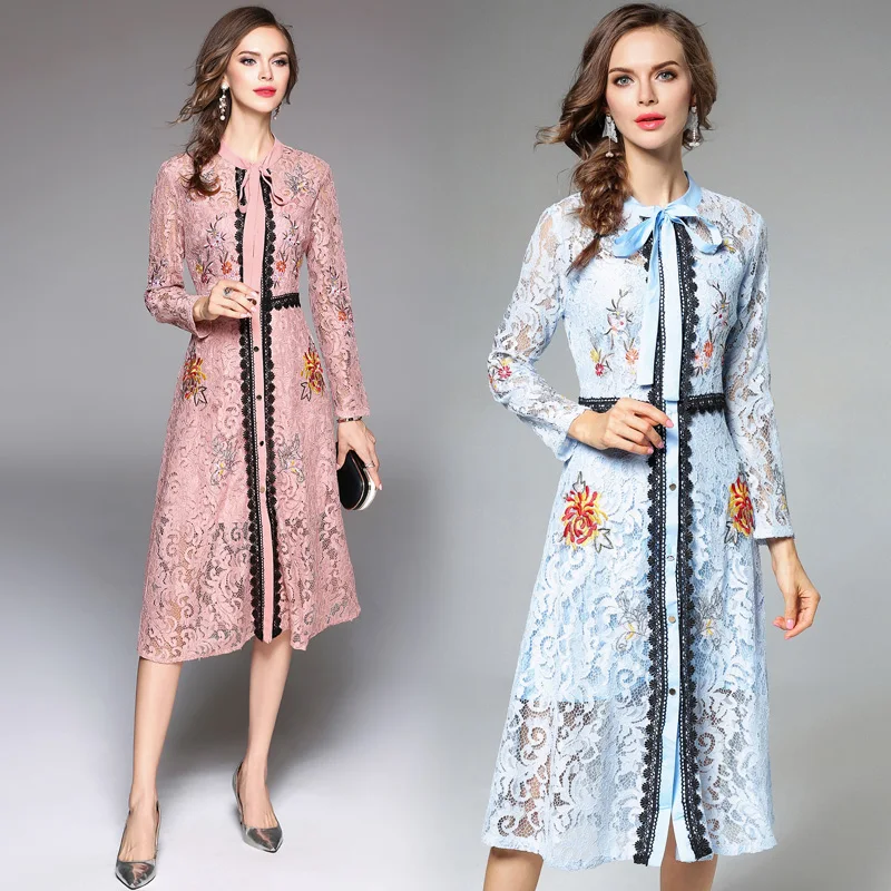 Europe Lace Dress Women Autumn Long Sleeve Elegant Casual Office Vestidos Verano Floral Striped Dress Embroidery Ladies Dresses Dresses
