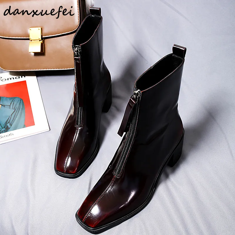 

plus Size 34-42 Women's Genuine Leather Front Zip Autumn Ankle Boots Brand designer 6cm Heel Square Toe Short Booties Shoes Sale