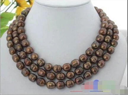 

Free shipping@@@@@ p1781 3ROW 14MM COFFEE RICE FRESHWATER PEARL NECKLACE