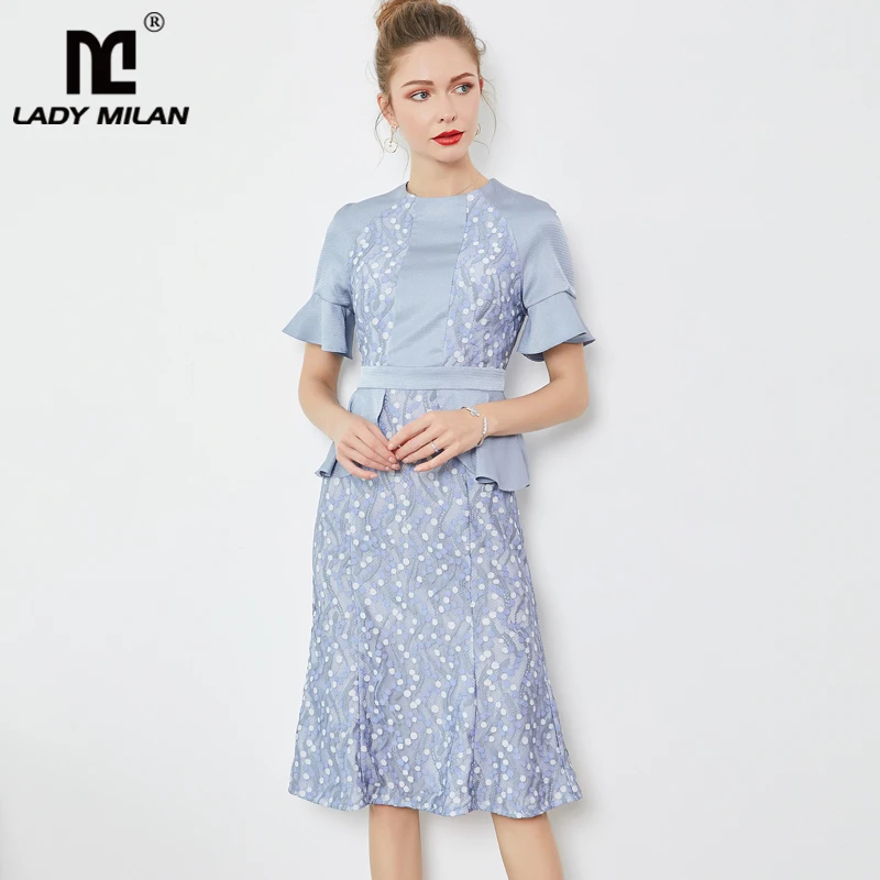 

Lady Milan 2019 Women's Runway Dresses O Neck Ruffles Short Sleeves Lace Patchwork Elgant Casual Dresses