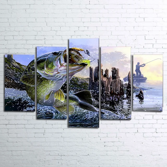 5pcs /sets 5 Pieces trout bass fishing Wall Art Diamond embroidery HD