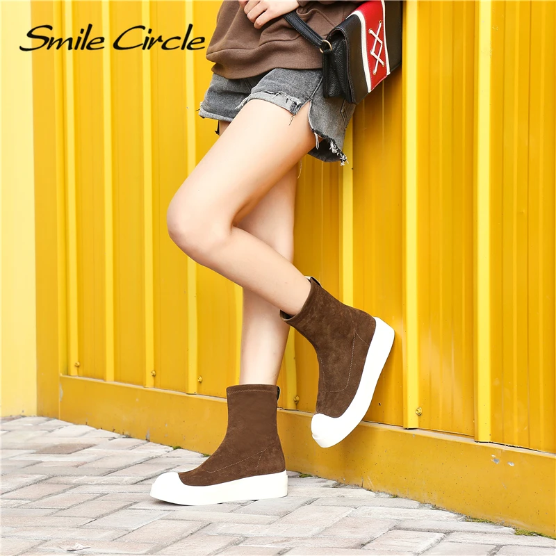 Smile Circle High-quality women Elastic boots Women Suede Leather Booties Flat Platform Casual shoes Women boots