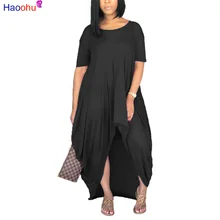 HAOOHU Sexy Long Dress Women Summer New O-Neck Short Sleeve Robe Casual Loose Solid Maxi Dress Irregular Party Club Dress