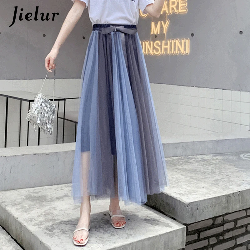 

Jielur Tulle Skirts Women Elegant Mesh Bow Hit Color A-line Hipster Female Summer Skirt 5 Colors Elastic Waist Jupe Femme