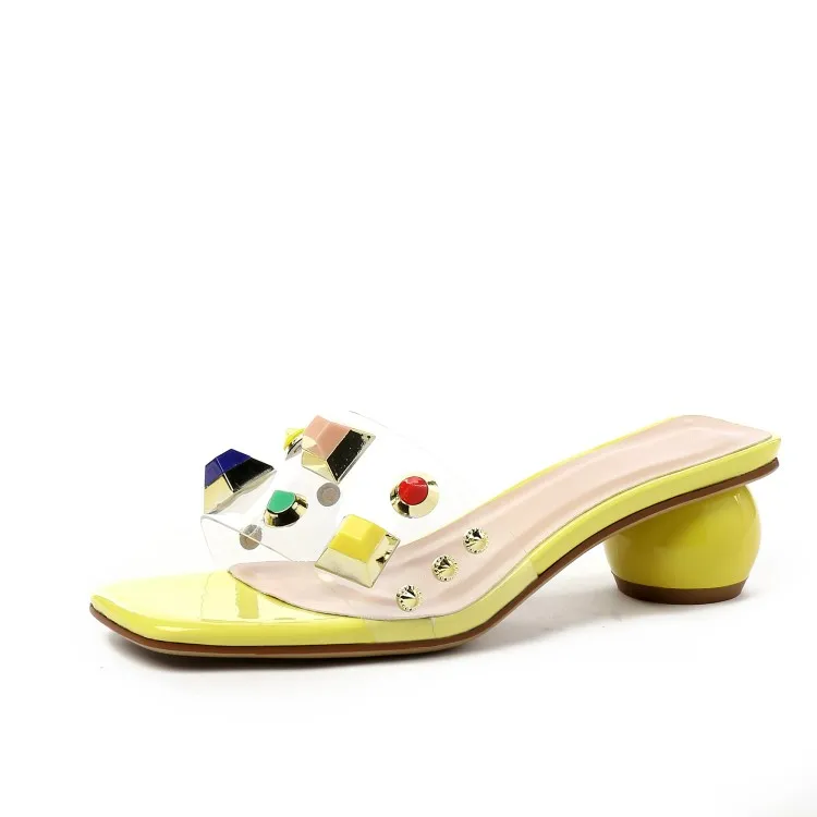 

Womens Summer Mid Block Heel Rivet Slip On Fashion Multicolor Rhinestone Slippers H7
